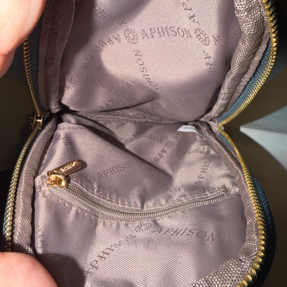 Women's faux Leather Sling Bag in Dusty Blue with Patterned Strap. - Picture 7 of 7